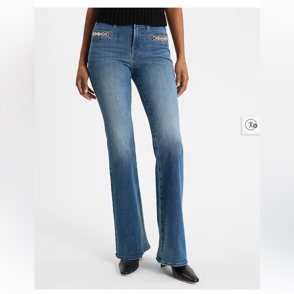 NWT Express Mid Rise Medium Wash Horsebit FlexX '70s Flare Jeans